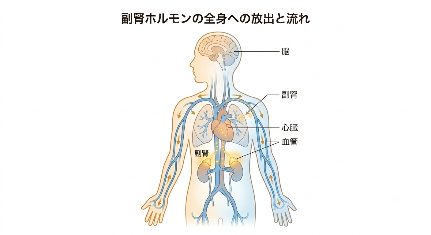 副腎髄質から血流に乗ってアドレナリンが全身へ広がる経路を示すイメージ図