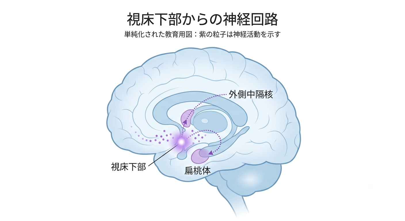 視床下部から放出されたバソプレシンが扁桃体・外側中隔へ作用する経路を示すイメージ図