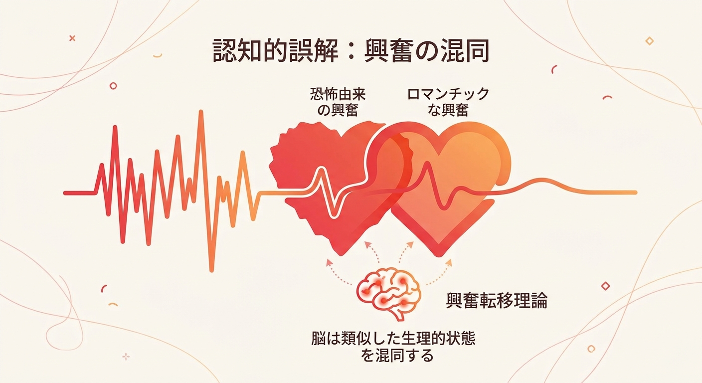 緊張と恐怖による心拍数の上昇を、脳が別の感情と取り違える様子を示す抽象的なイメージ